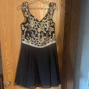 Val Stefani Black and Gold Mini Homecoming Dress